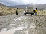Tibet Kailash 11 Back 03 Water on Road Even after the rain stopped, Sadim had to slow down with the water from the potholes splashing up and totally obscuring his view. Here is what the road looked like.